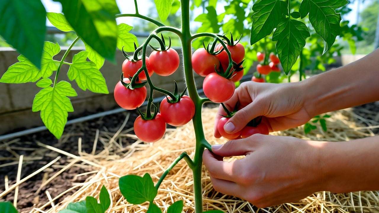 Gardener pruning a pink tomato plant with mulch and trellis support."