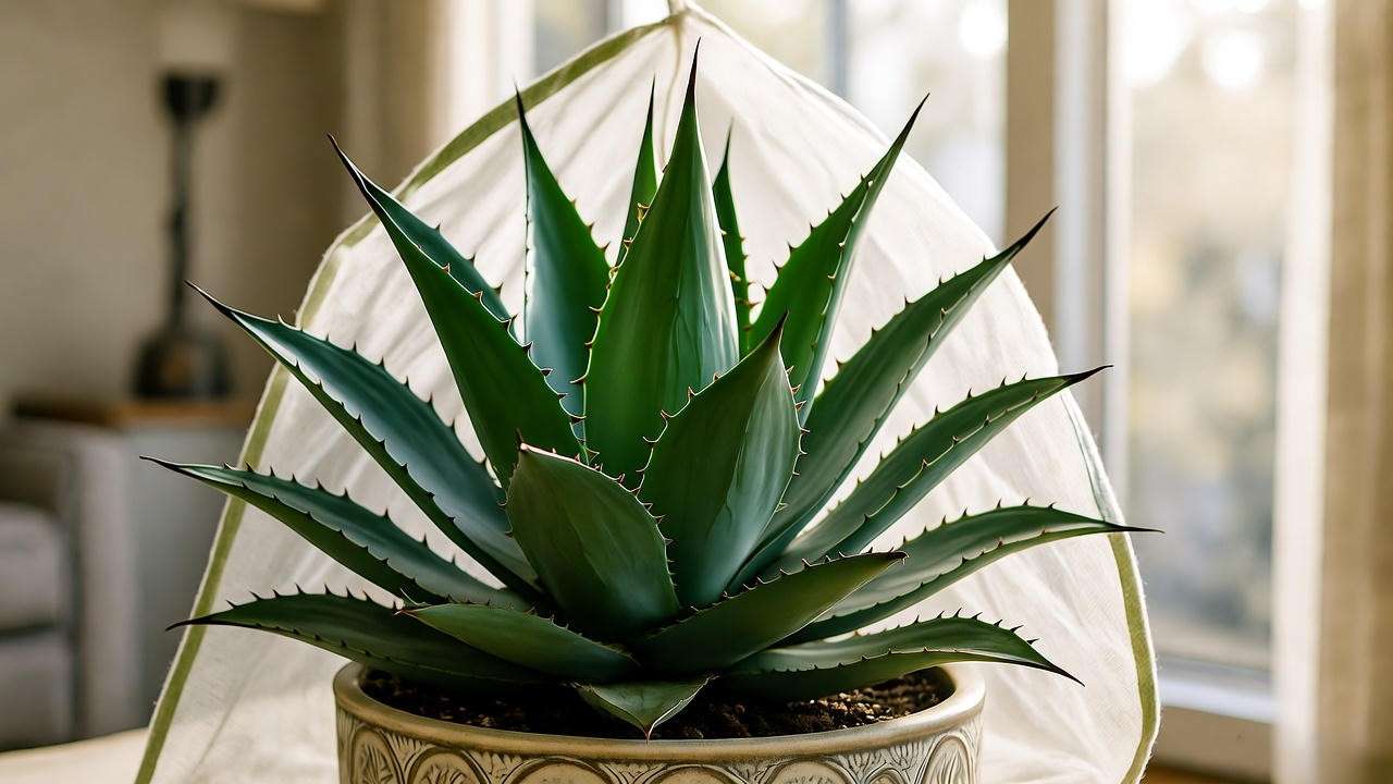 Indoor sisal agave with frost cloth for winter care.
