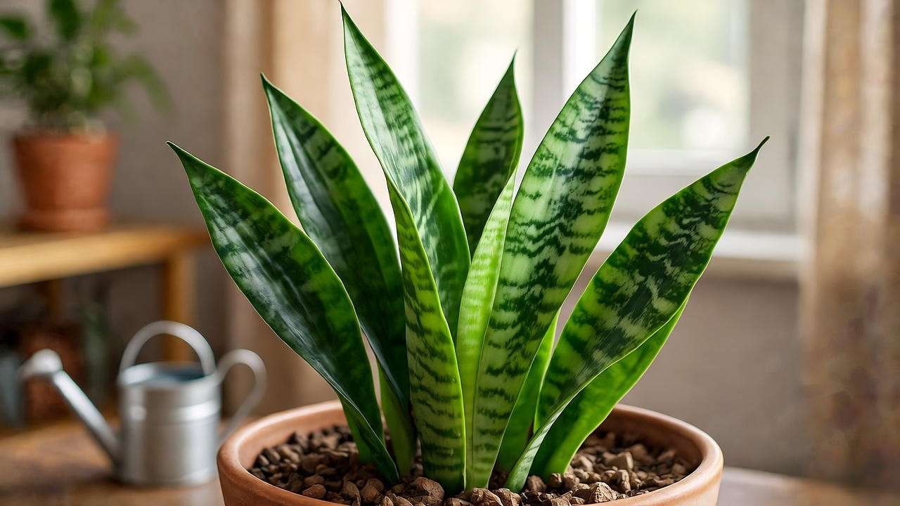 Newly propagated snake plant in pot with watering can in indirect light.