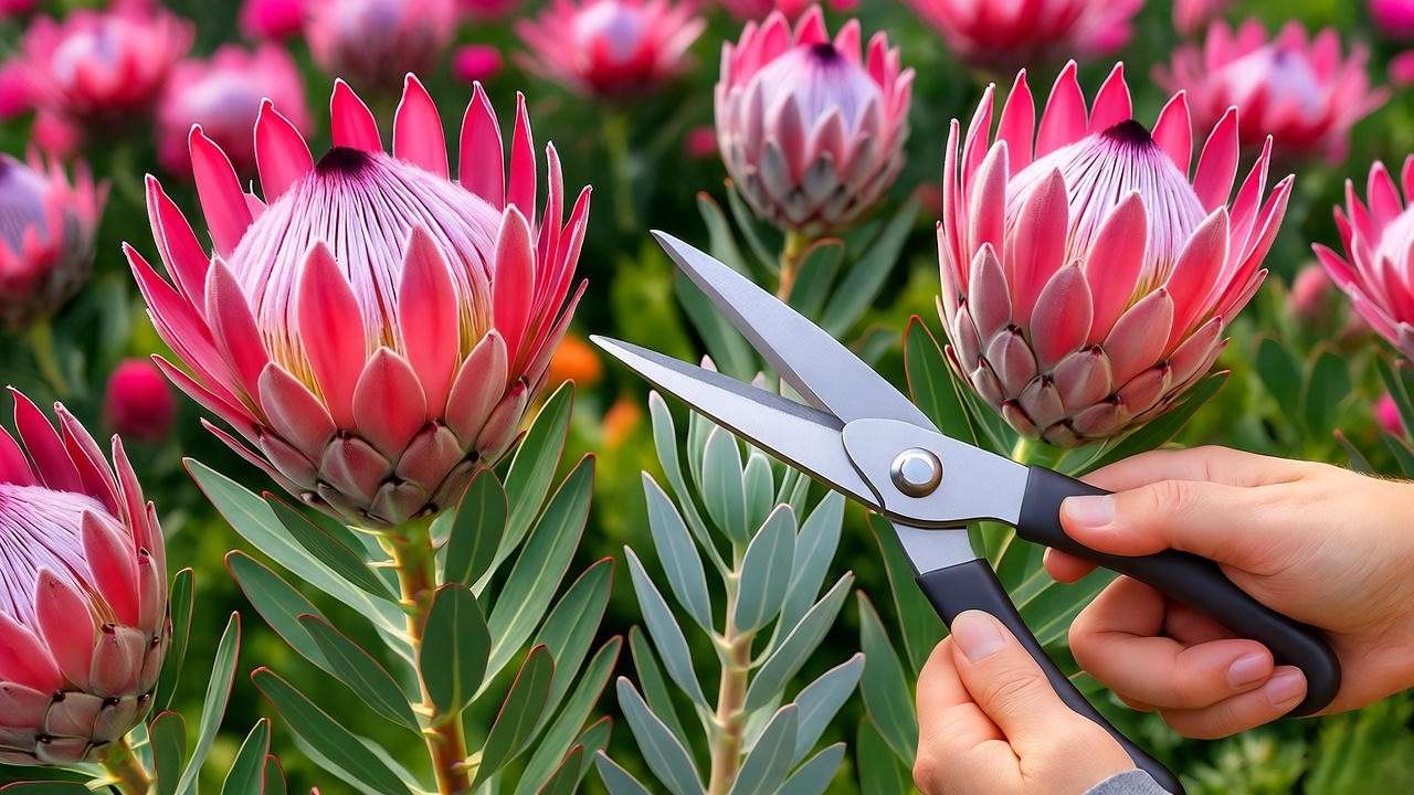 Pruning a Pink Ice Protea plant with shears to remove spent blooms in a sunny garden."