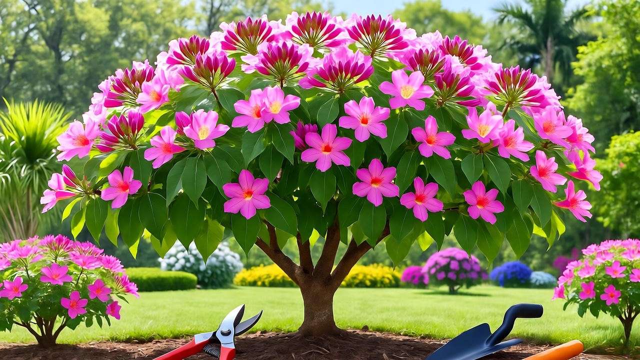Pruned Tabebuia impetiginosa tree with flowers and garden tools