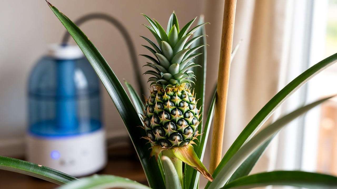 Miniature pineapple plant with developing fruit supported by a stake indoors".