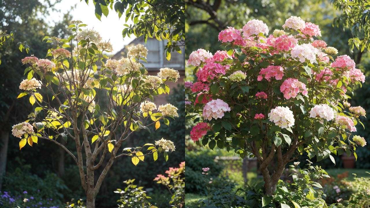 Before and after of a Hydrangea Paniculata tree with improved blooms after care."