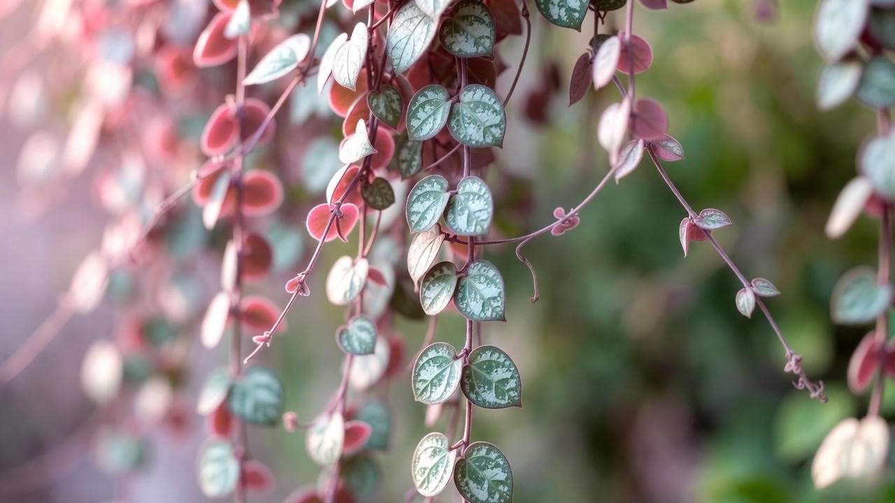 Cascading String of Hearts plant with variegated heart-shaped leaves