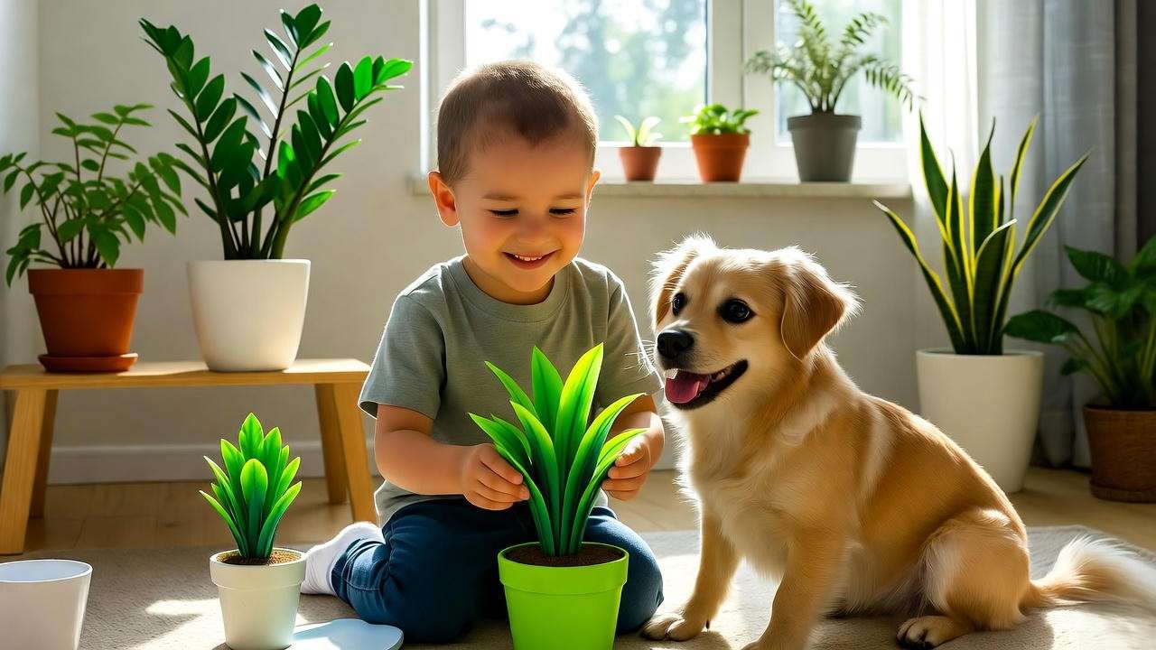 Child and dog with ZZ plant on shelf and plant toy"