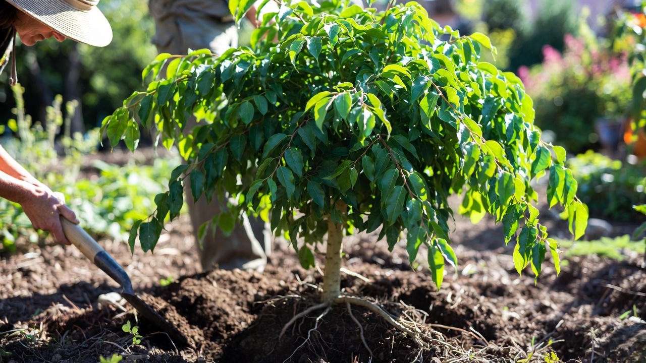 Gardener planting a Mayten tree in well-drained soil with sunlight filtering through weeping branches."