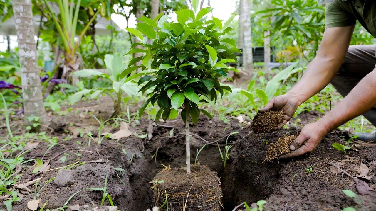 "Gardener planting a June plum tree in well-draining soil with compost in a sunny garden"