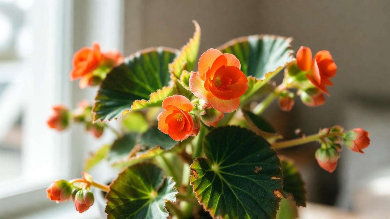 Orange begonia plant thriving in bright indirect light near a window for optimal growth."