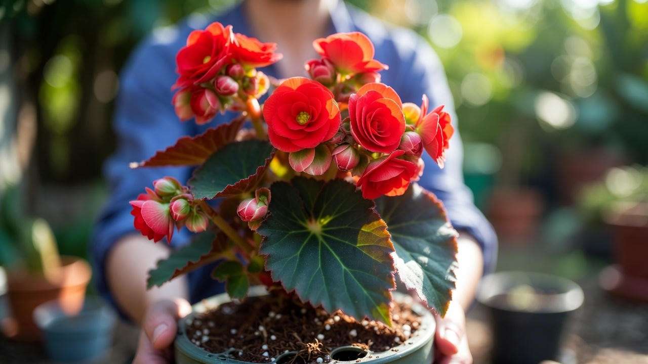 "Red begonia being potted with well-draining soil mix and drainage holes, showcasing vibrant blooms and healthy foliage."