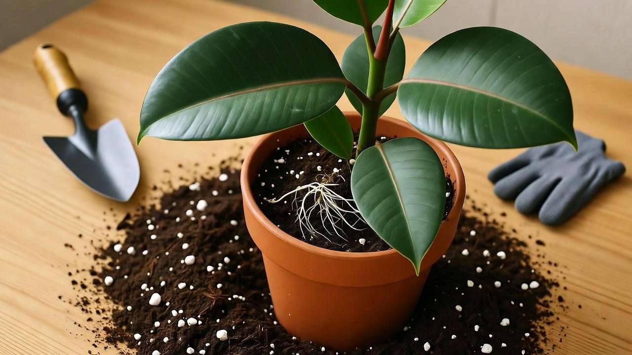 Repotting a rubber plant pink into a terracotta pot with well-draining soil mix, showcasing proper potting techniques.