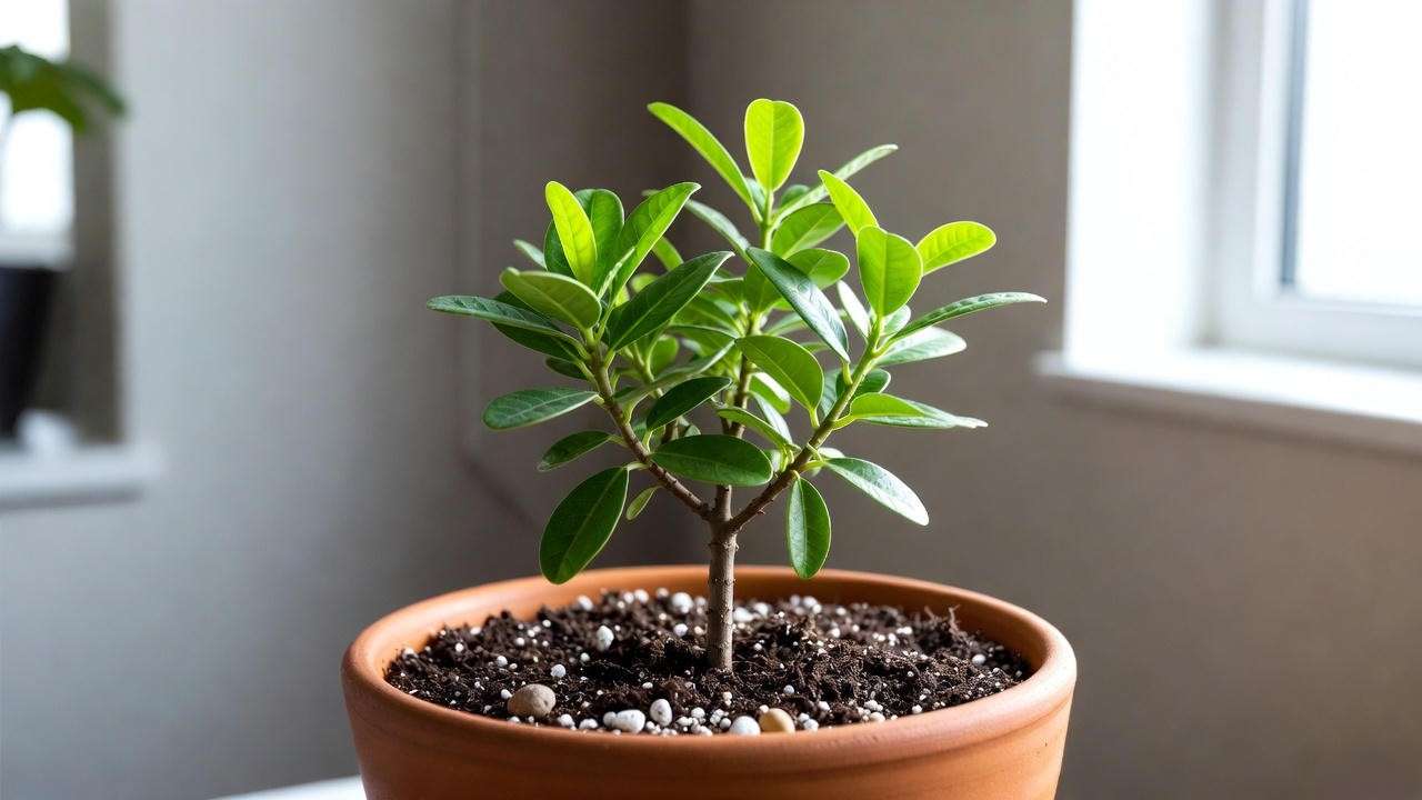 "African milk tree in a terracotta pot with well-draining soil and pebbles
