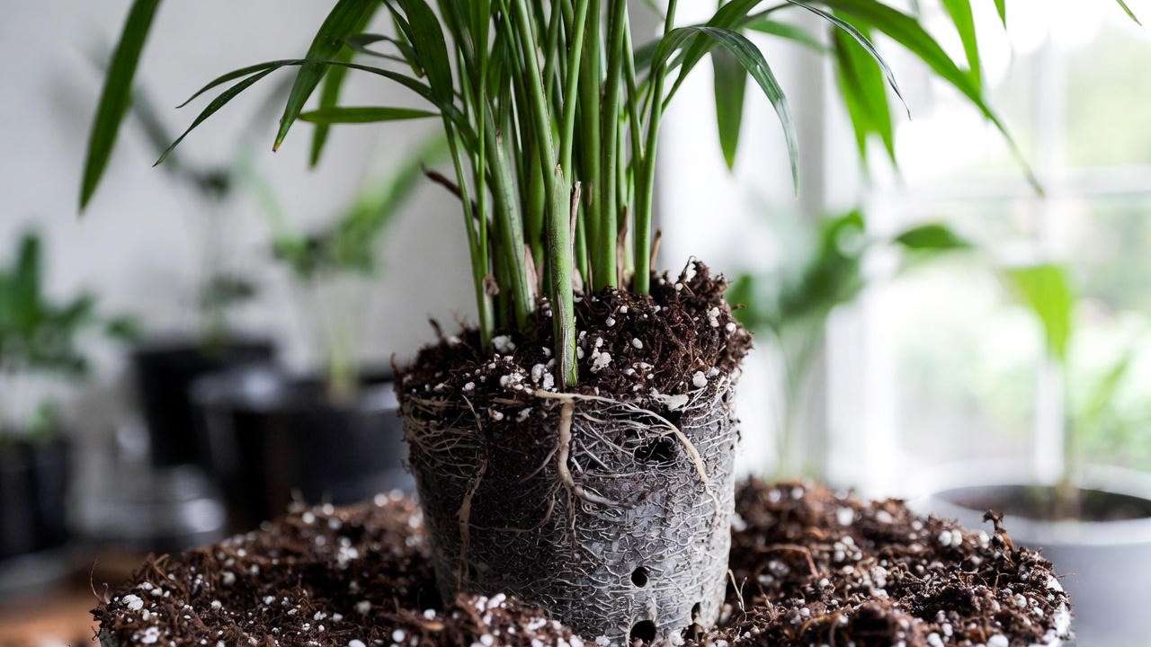 Areca palm repotting with fresh soil mix and drainage pot"