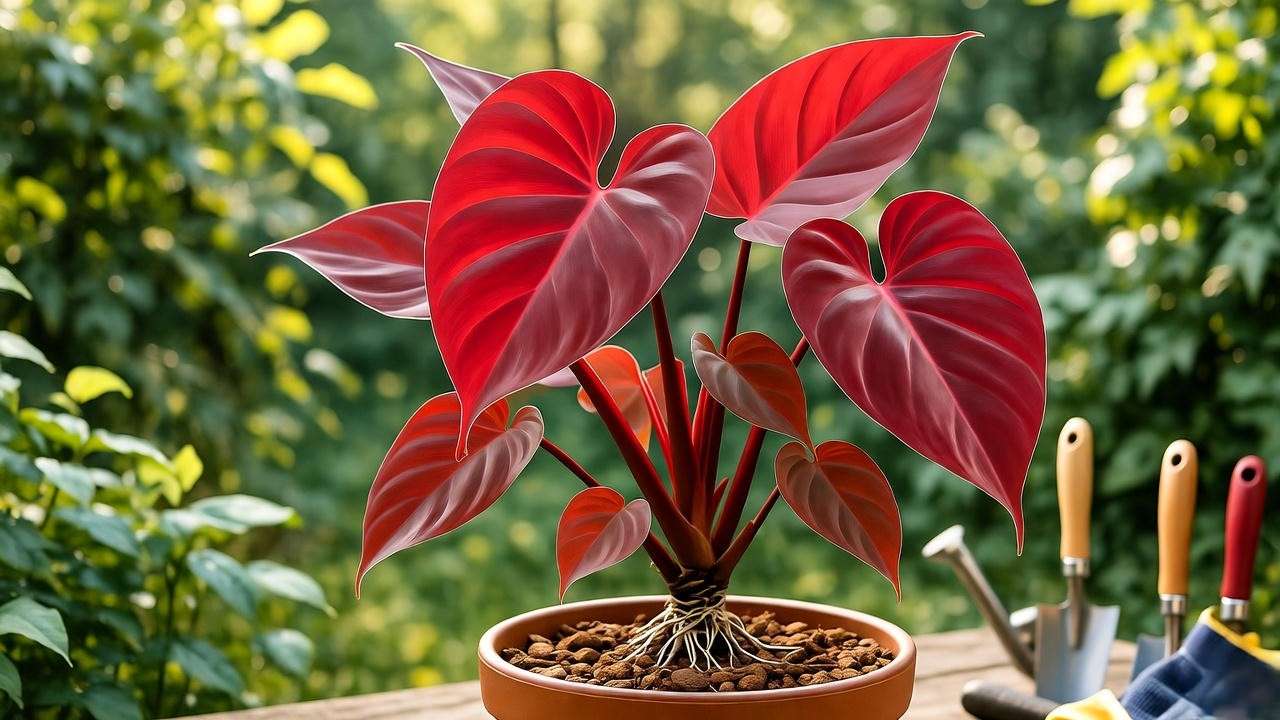 Red philodendron in a well-draining pot with peat moss and perlite soil mix."