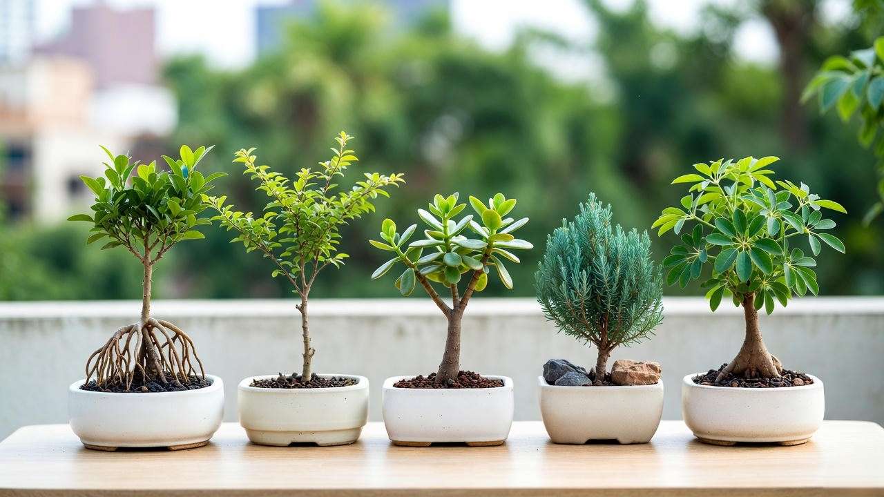 Top 5 beginner-friendly bonsai tree species: Ficus, Chinese Elm, Jade, Juniper, Schefflera on wooden table