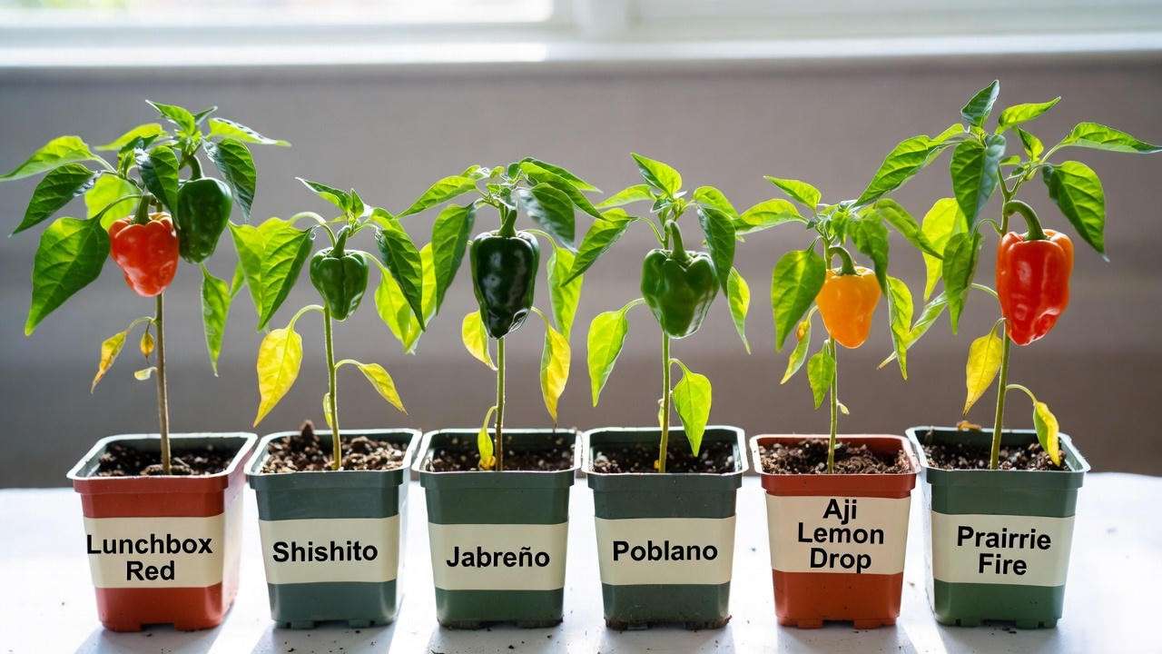 Different beginner-friendly live pepper plant varieties displayed side-by-side