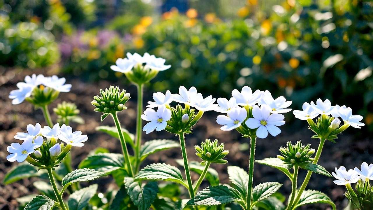 Close-up of white verbena plants thriving in sunny, well-draining soil for optimal growth."
