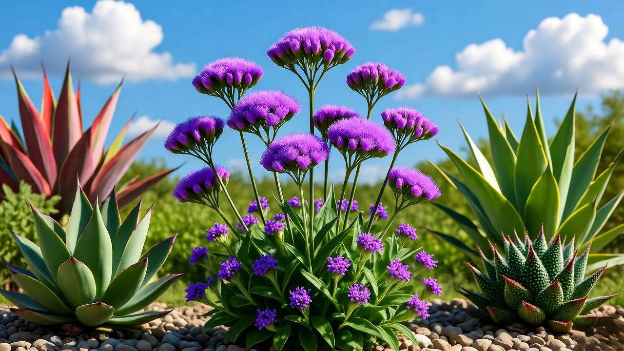 "Statice Perezii plant thriving in full sunlight with drought-tolerant plants in a sunny garden."