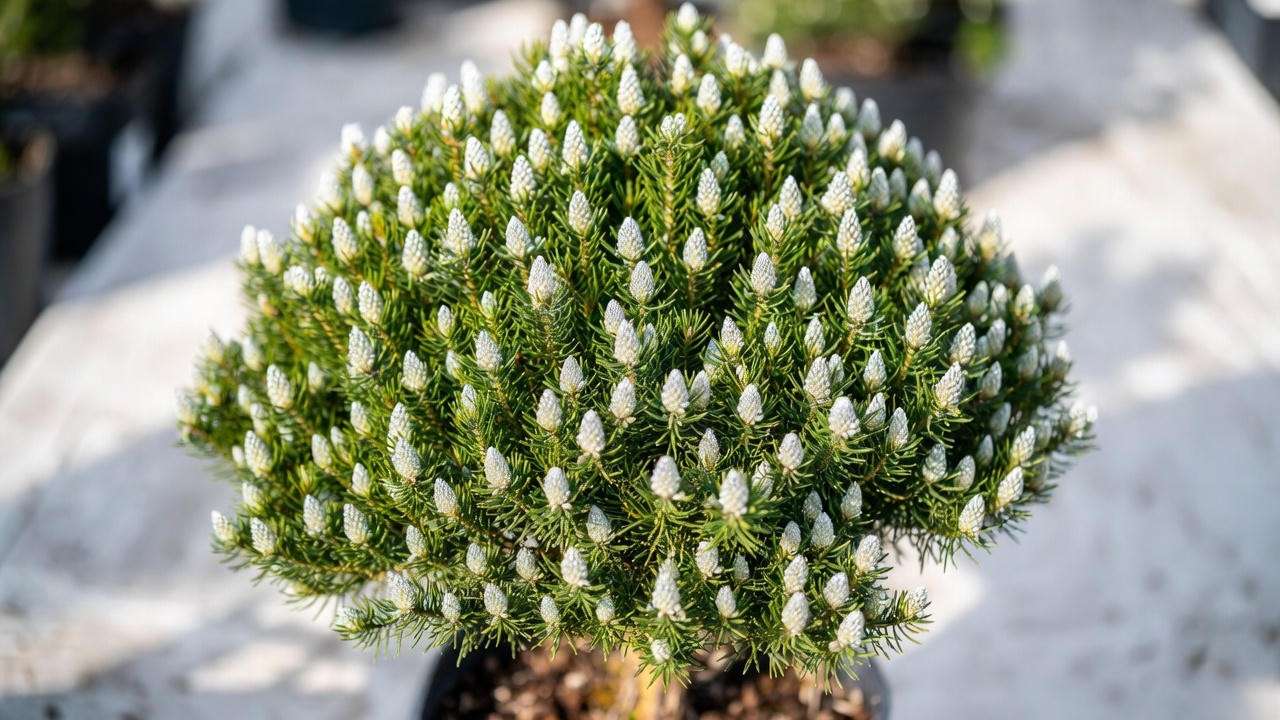 Healthy Thunderhead pine tree specimen with dense branching and bright silver buds at nursery