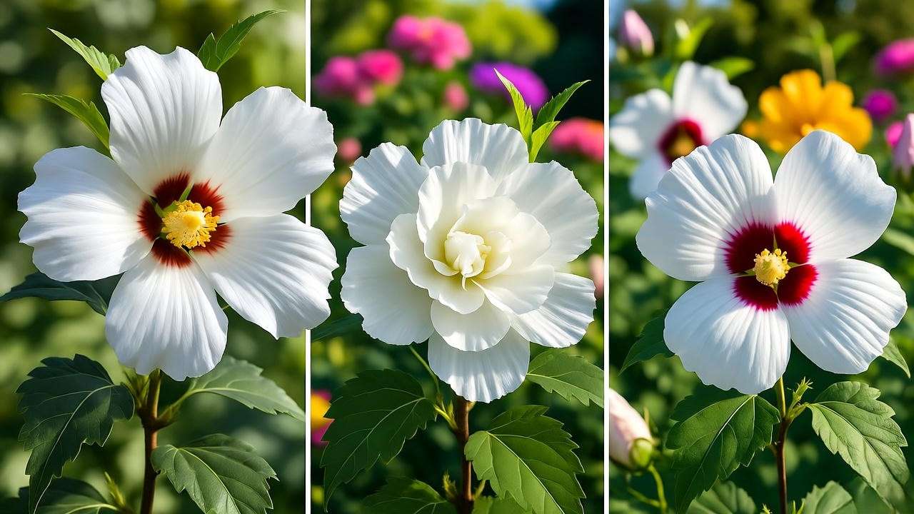 "Close-up of White Rose of Sharon plant varieties Diana, White Chiffon, and Helene in a thriving garden."