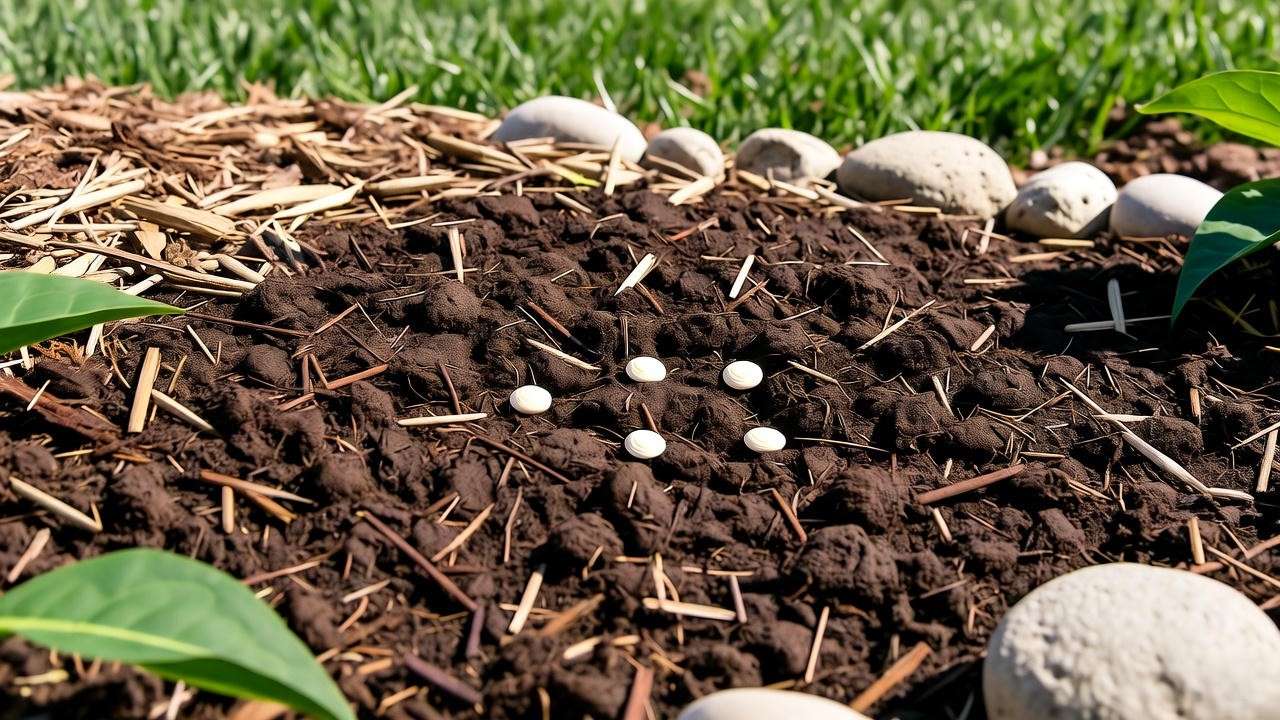 Well-prepared garden soil with navy bean seeds and mulch under sunlight for plant care."