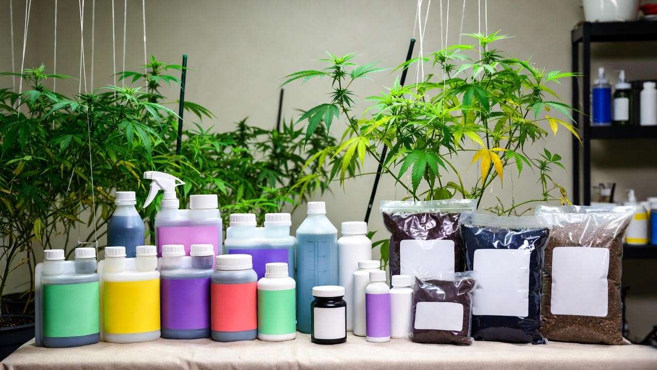 Organic and synthetic nutrient products for cannabis plants on a grow table."