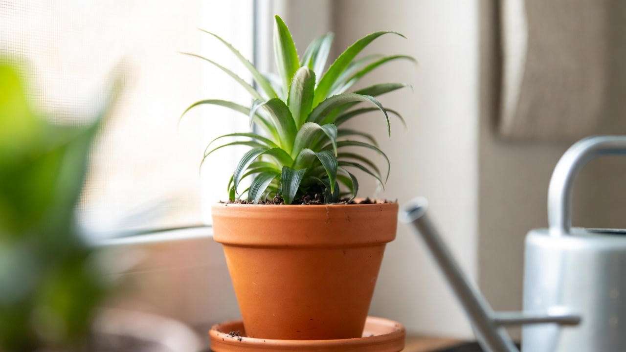 Miniature pineapple plant in a terracotta pot with drainage tray near a window".