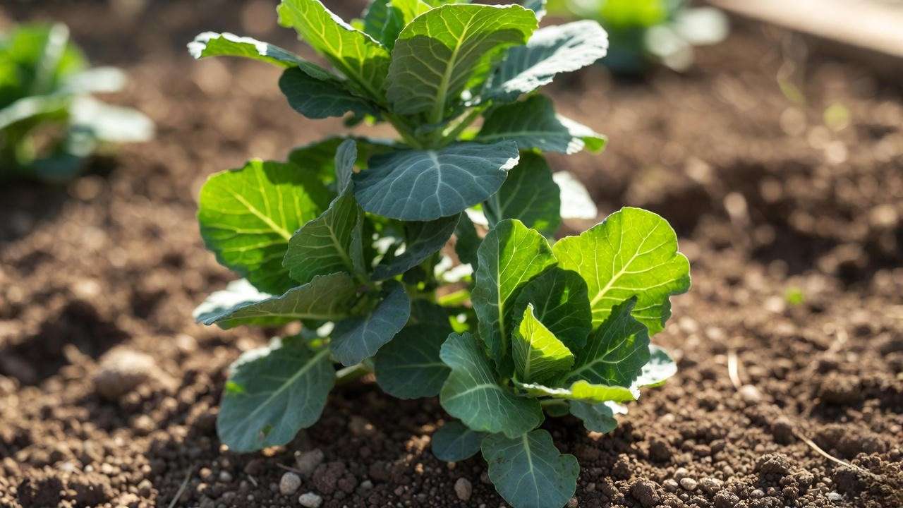 Close-up of thriving collard green tree varieties in a garden bed."
