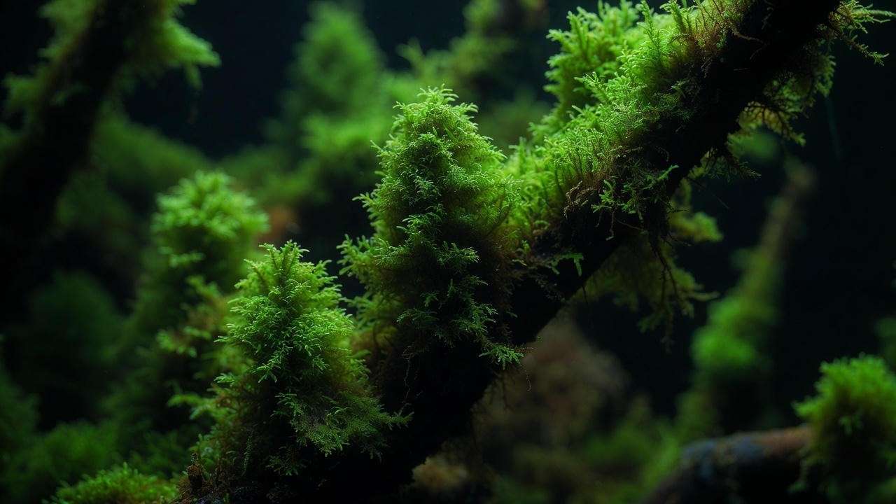 Christmas moss shaped like miniature Christmas trees on driftwood in a low-tech aquarium