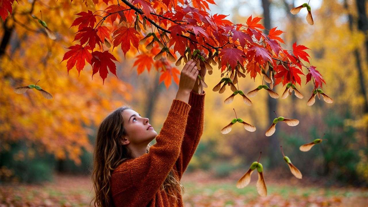 Collecting ripe maple samaras from tree in autumn for growing maple tree seedlings