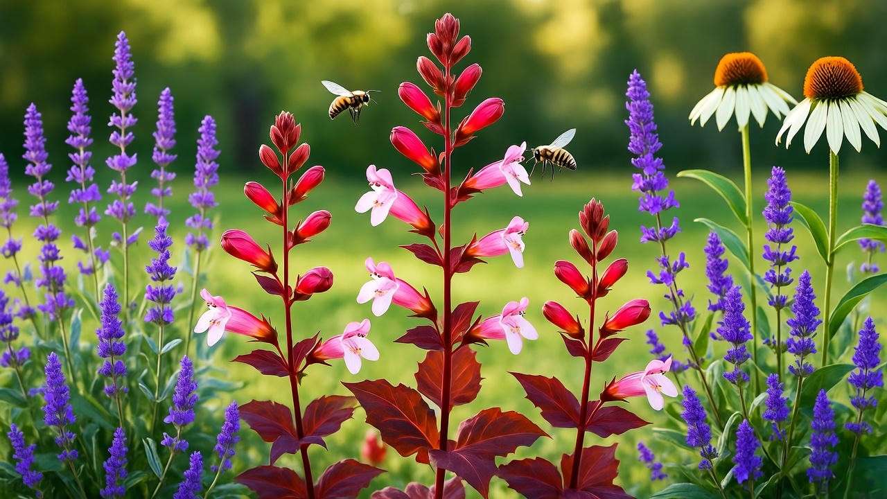 Husker Red Penstemon with lavender and coneflowers in a pollinator garden"