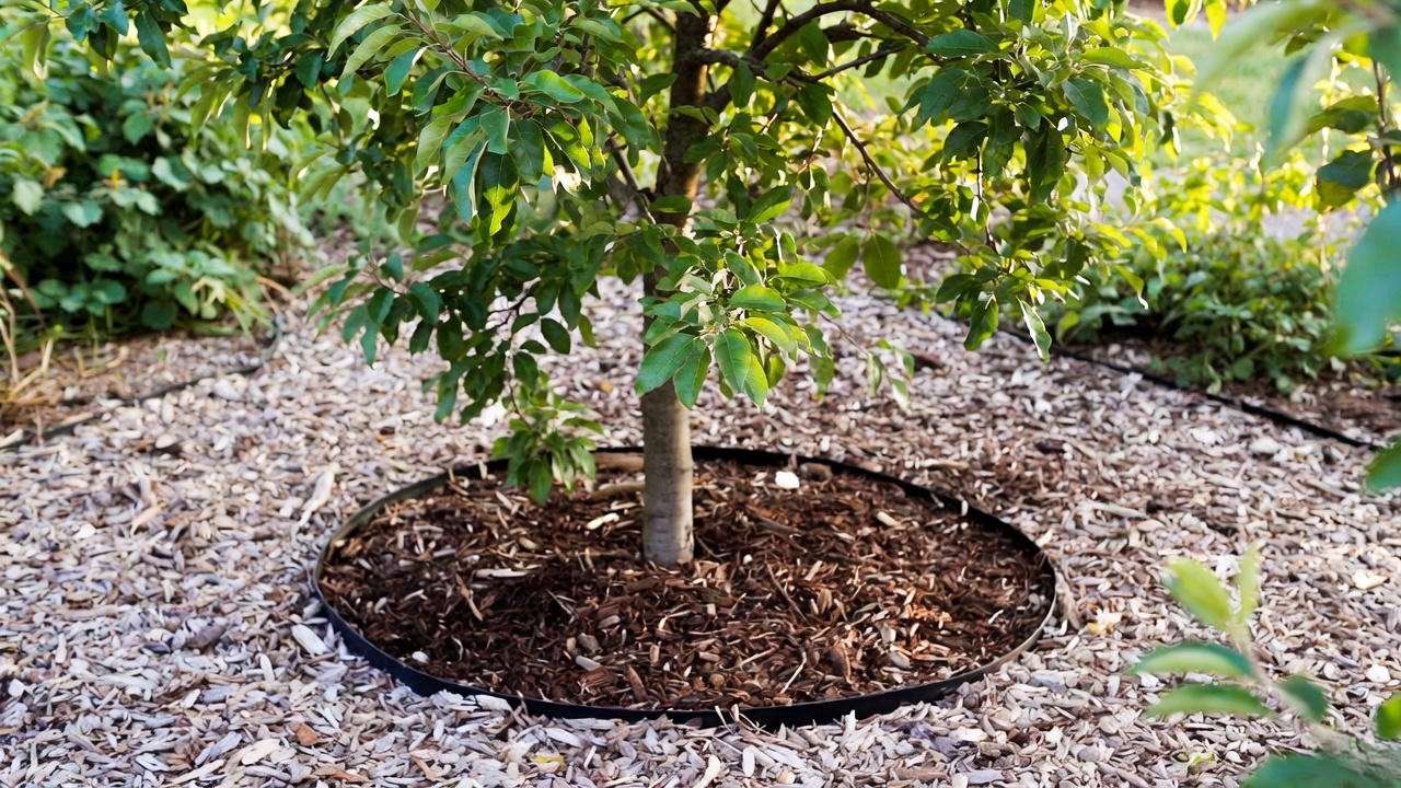 Tree watering ring combined with organic mulch for enhanced moisture retention.