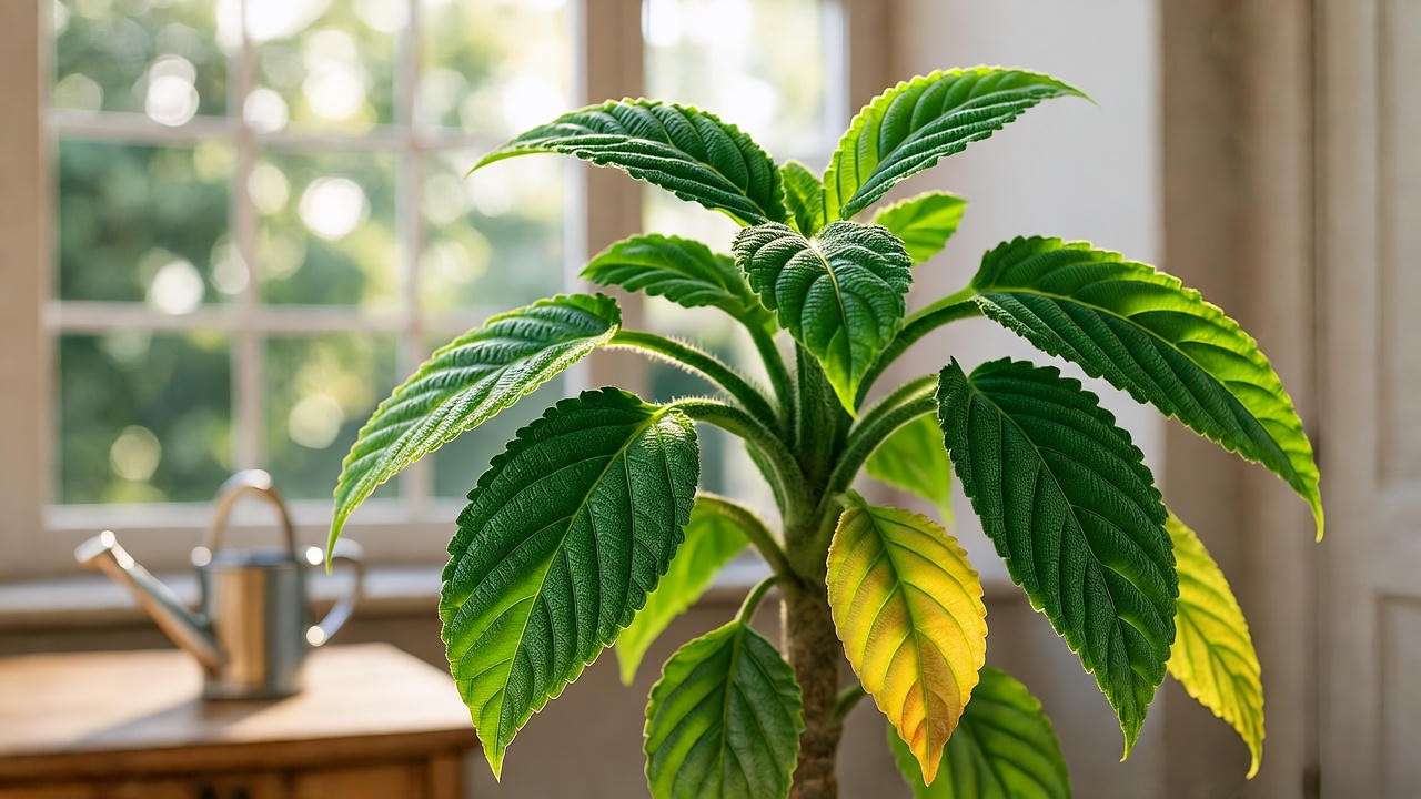 Close-up of Kermit Plant with yellowing leaves in a well-lit room, watering can nearby."