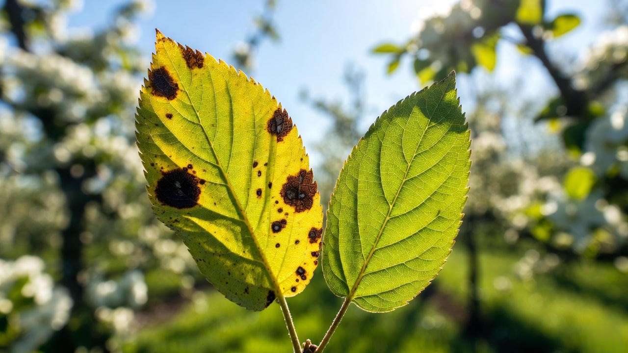 Close-up of apple scab fungal spots on fruit tree leaf next to healthy leaf in orchard".