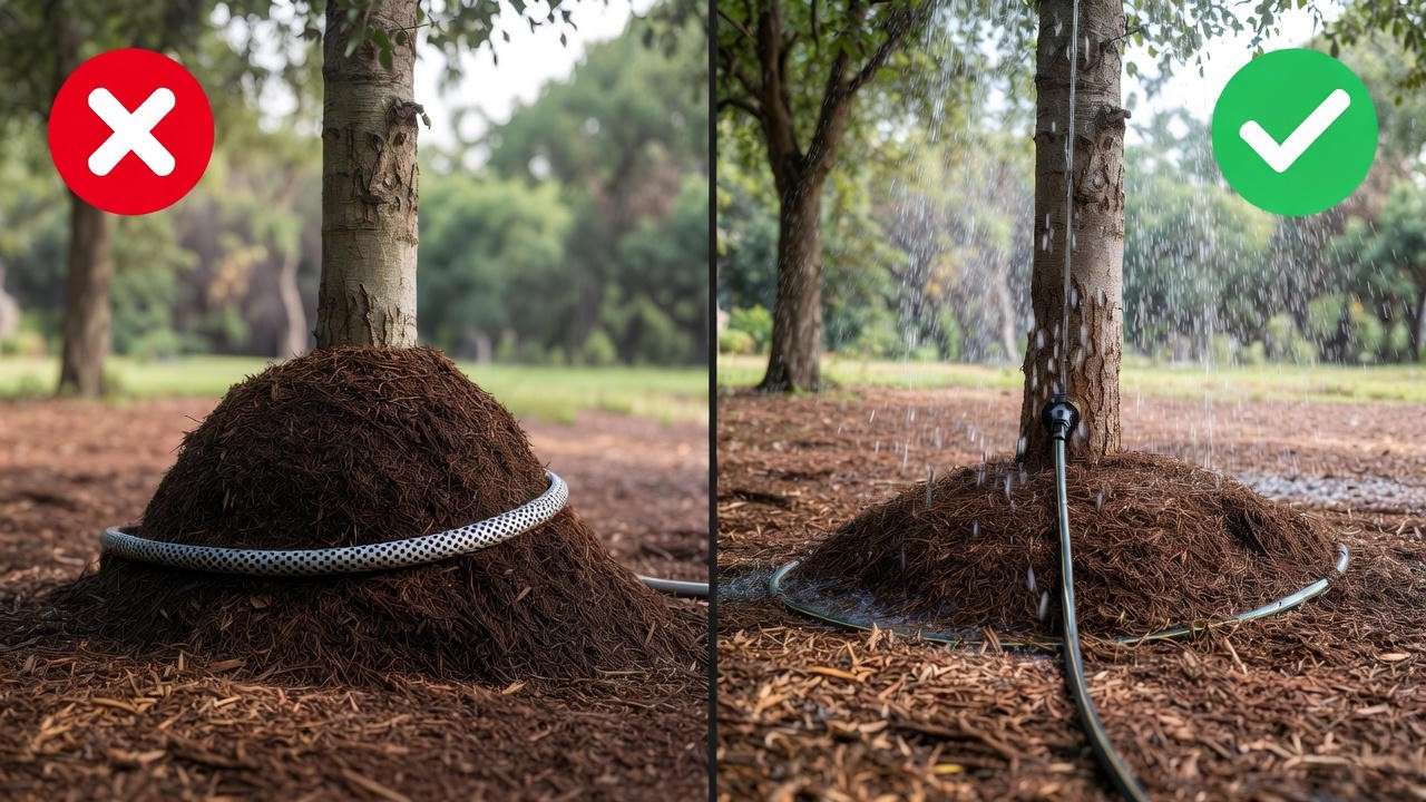 Wrong vs right placement of watering rings for trees – avoid trunk contact
