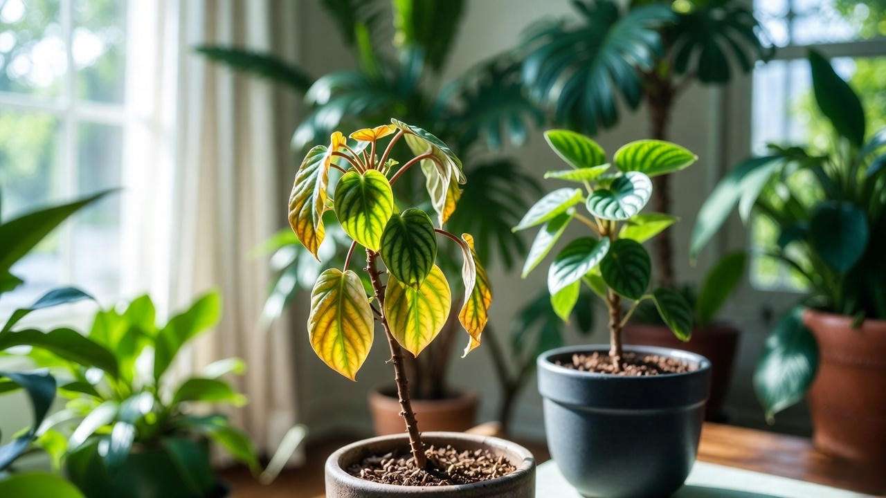 Wilted vs healthy peperomia cutting showing overwatering mistakes."