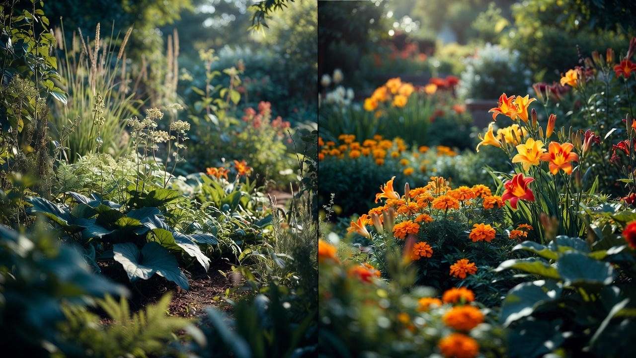 Before-and-after of a garden bed with marigolds and dwarf daylilies replacing overcrowding."