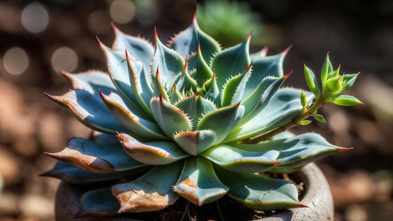 efore-and-after of spiky succulent recovering from overwatering with healthy growth after repotting."