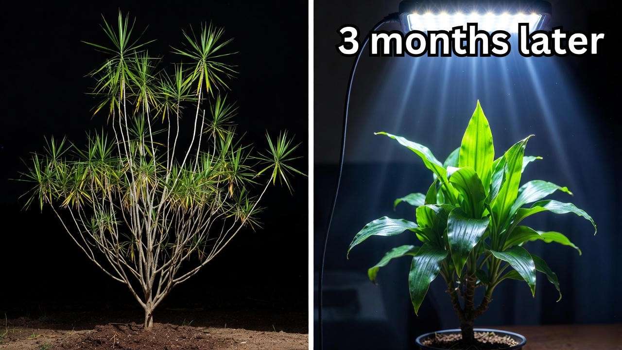 Before and after fixing leggy growth in low-light Dracaena with grow light