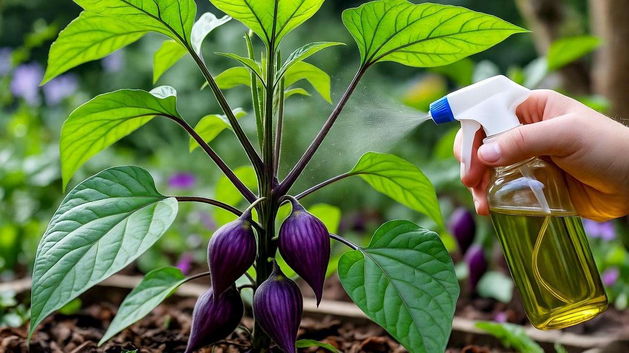 Gardener applying natural pest control spray to a purple sweet potato plant in a garden."
