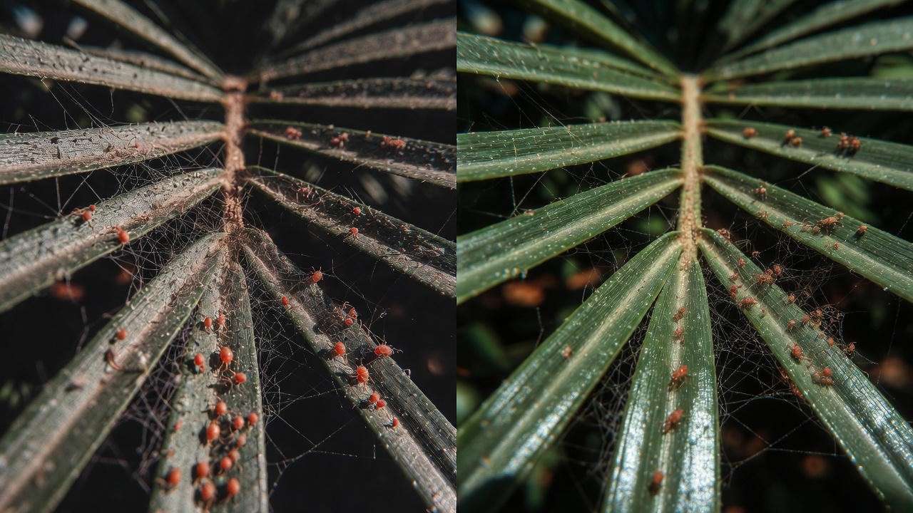 Spider mite damage on miniature palm tree plant before and after treatment