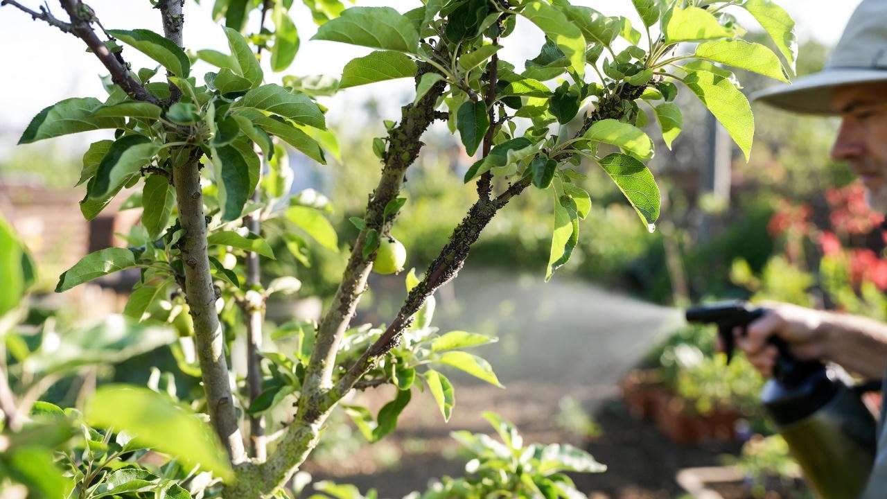 "Gardener spraying neem oil on an Anna apple tree with aphids in a warm climate garden."