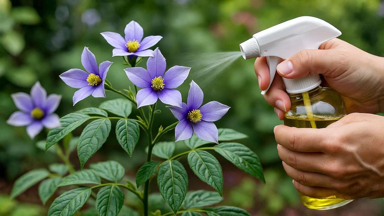 Gardener applying neem oil to sterling silver rose for pest control."