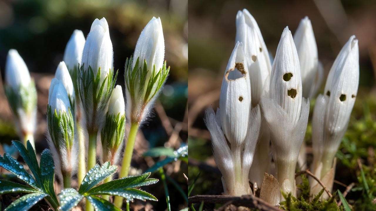 Slug damage on white anemone shoots and how to identify it early”