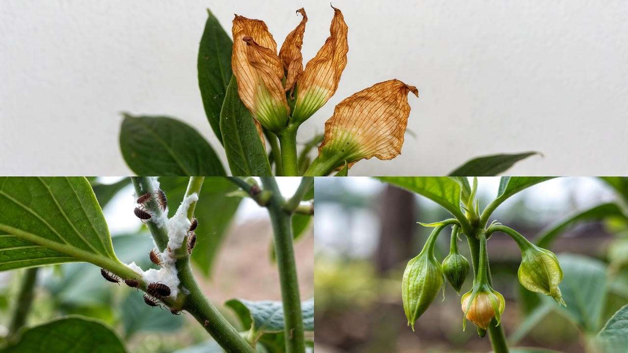 Common Black Gold goldfish plant issues: brown tips, mealybugs, and bud blast