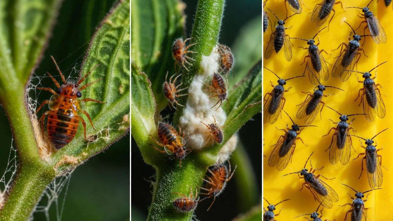 Common Maranta pests: spider mites, mealybugs, and fungus gnats close-up identification