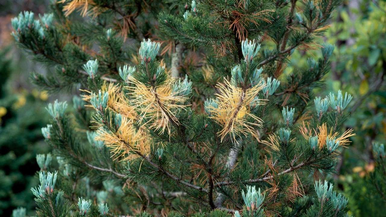 Normal interior needle yellowing on healthy Vanderwolf pine tree in fall