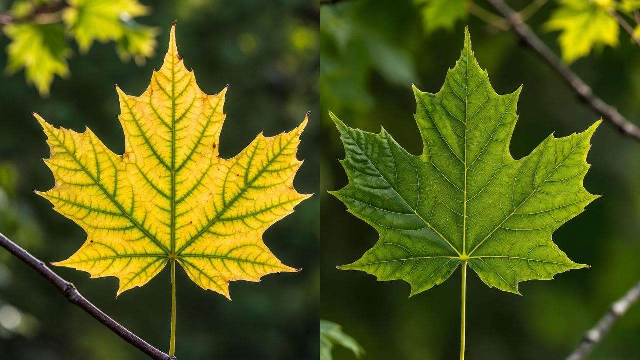 Iron chlorosis symptoms (left) vs healthy leaves on Armstrong Gold maple