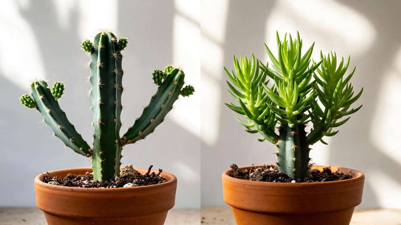 Before and after fixing etiolated stretched mini cactus