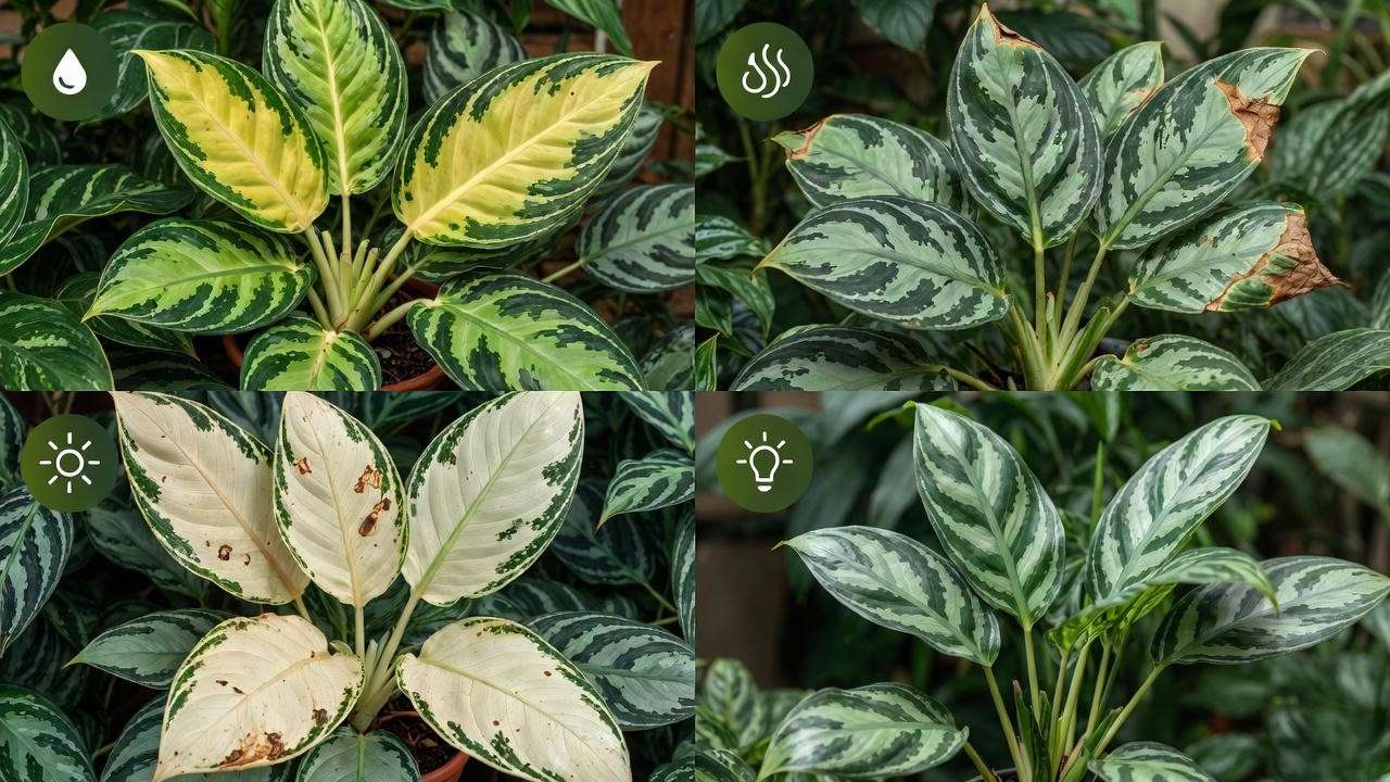 Common Aglaonema Silver Queen plant problems – yellow leaves, brown tips, leggy growth, pale leaves