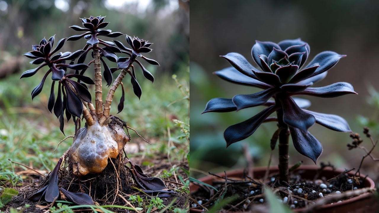 Black succulent plant root rot before and successful recovery after